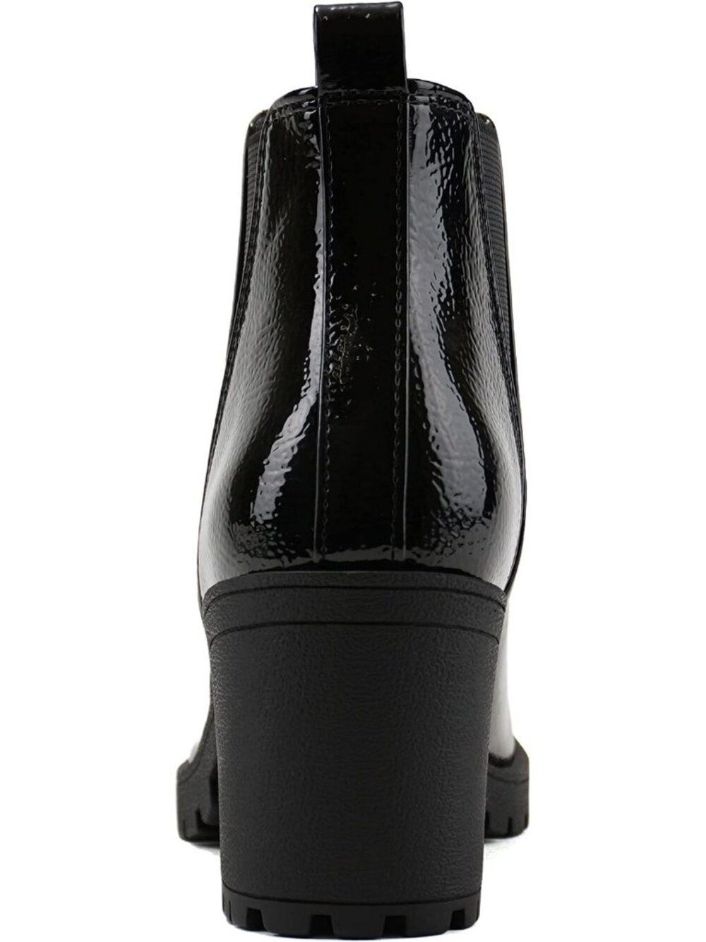 Women's Black Patent Origami Lug Sole Mid Heel Ankle Bootie Double Elastic Boot - Picture 2 of 4
